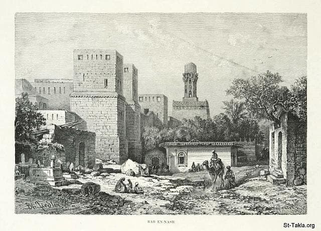 St-Takla.org Image: Bab en-Nasr, by Bernhard Fiedler - from the book: Egypt: Descriptive, Historical, and Picturesque- Vol. 1 - by Georg Ebers (tr. Clara Courtenay Poynter Bell), 1885. صورة في موقع الأنبا تكلا: باب النصر في القاهرة الإسلامية، رسم الفنان بيرنهارد فيدلر - من صور كتاب: مصر: وصفيًّا، تاريخيًّا وتصويريًّا - جزء 1 - لـ جيورج إبيرس (ترجمة كلارا كورتناي بوينتر بيل)، 1885 م.