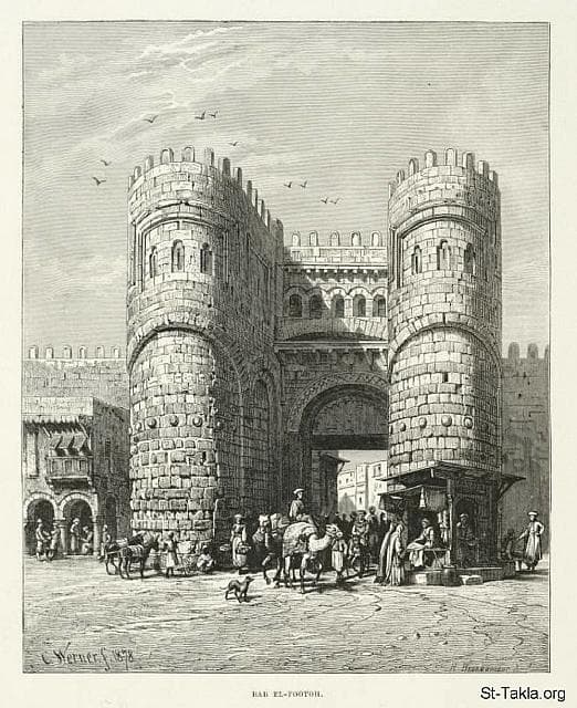 St-Takla.org Image: Bab el-Footoh, by Carl Werner - from the book: Egypt: Descriptive, Historical, and Picturesque- Vol. 1 - by Georg Ebers (tr. Clara Courtenay Poynter Bell), 1885. صورة في موقع الأنبا تكلا: باب الفتوح في القاهرة الإسلامية، رسم الفنان كارل فيرنر - من صور كتاب: مصر: وصفيًّا، تاريخيًّا وتصويريًّا - جزء 1 - لـ جيورج إبيرس (ترجمة كلارا كورتناي بوينتر بيل)، 1885 م.