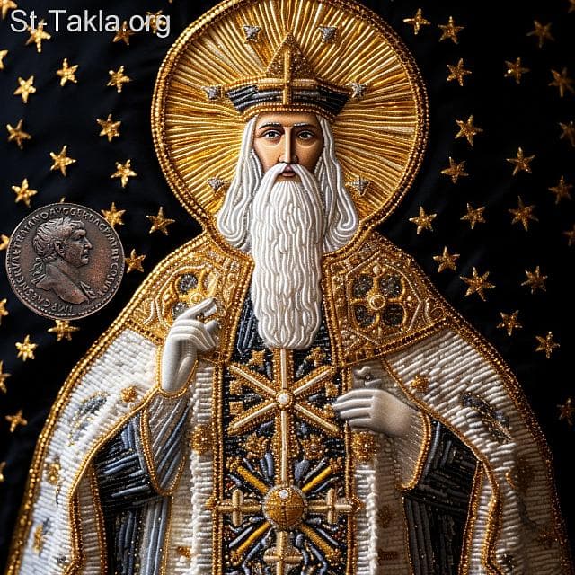 St-Takla.org Image: His Holiness Pope Kerdonou, Coptic Orthodox Pope #4, and next is a coin of Emperor Trajan, who the Pope martyred in his time. - AI art, idea and edit by Michael Ghaly for St-Takla.org, October 2023. صورة في موقع الأنبا تكلا: قداسة البابا كرذوذوس البطريرك الرابع من بطاركة الكرازة المرقسية: 4، وبجانبه عملة الإمبراطور تراجان الذي استشهد البابا في عصره. - فن بالذكاء الاصطناعي، فكرة وتعديل مايكل غالي لموقع الأنبا تكلاهيمانوت، أكتوبر 2023 م.