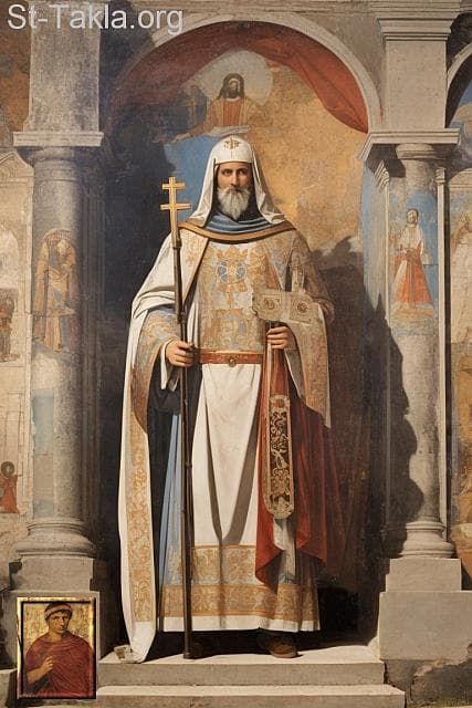 St-Takla.org Image: His Holiness Pope Theona, Coptic Orthodox Pope #16, and at his feet is an image of the heretic Sabellius - AI art, idea and edit by Michael Ghaly for St-Takla.org, October 2023. صورة في موقع الأنبا تكلا: قداسة البابا ثاؤنا البطريرك السادس عشر من بطاركة الكرازة المرقسية: 16، وعند قدميه صورة سابيليوس المبتدع. - فن بالذكاء الاصطناعي، فكرة وتعديل مايكل غالي لموقع الأنبا تكلاهيمانوت، أكتوبر 2023 م.