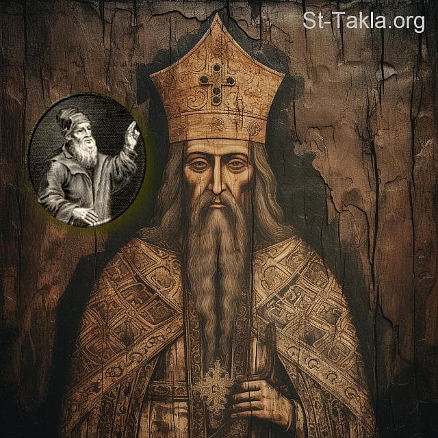 St-Takla.org Image: Pope Achillas the Great, Coptic Orthodox Pope #18, and behind him the image of Arius the heretic, whom he accepted in the church, after pretending to be remorseful. - AI art, idea and edit by Michael Ghaly for St-Takla.org, October 2023. صورة في موقع الأنبا تكلا: البابا أرشيلاؤس البطريرك الثامن عشر من بطاركة الكرازة المرقسية: 18، ويظهر خلفه صورة أريوس الهرطوقي الذي قبله بعدما تظاهر بالندم. - فن بالذكاء الاصطناعي، فكرة وتعديل مايكل غالي لموقع الأنبا تكلاهيمانوت، أكتوبر 2023 م.
