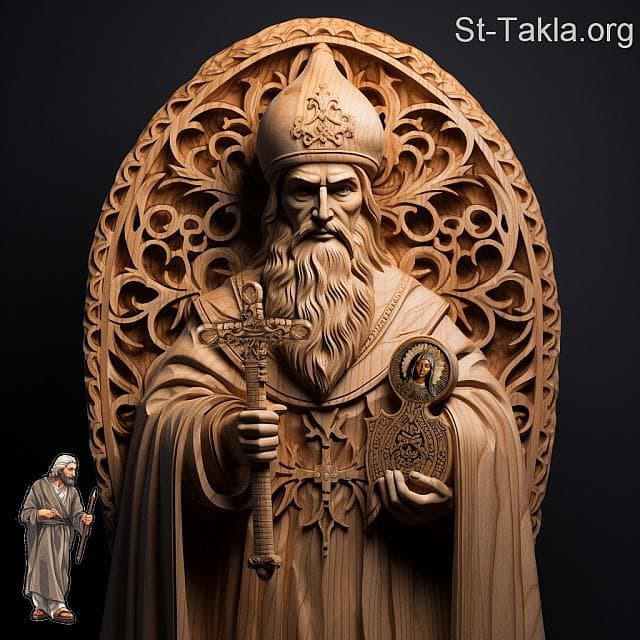 St-Takla.org Image: His Holiness Pope Peter II, Coptic Orthodox Pope #21, and at his feet a picture of Lucius, the intruder Arian Patriarch - AI art, idea and edit by Michael Ghaly for St-Takla.org, October 2023. صورة في موقع الأنبا تكلا: قداسة البابا بطرس الثاني البطريرك الحادي والعشرون من بطاركة الكرازة المرقسية: 21، وعند قديمه صورة لوكويس البطريرك الأريوسي الدخيل. - فن بالذكاء الاصطناعي، فكرة وتعديل مايكل غالي لموقع الأنبا تكلاهيمانوت، أكتوبر 2023 م.