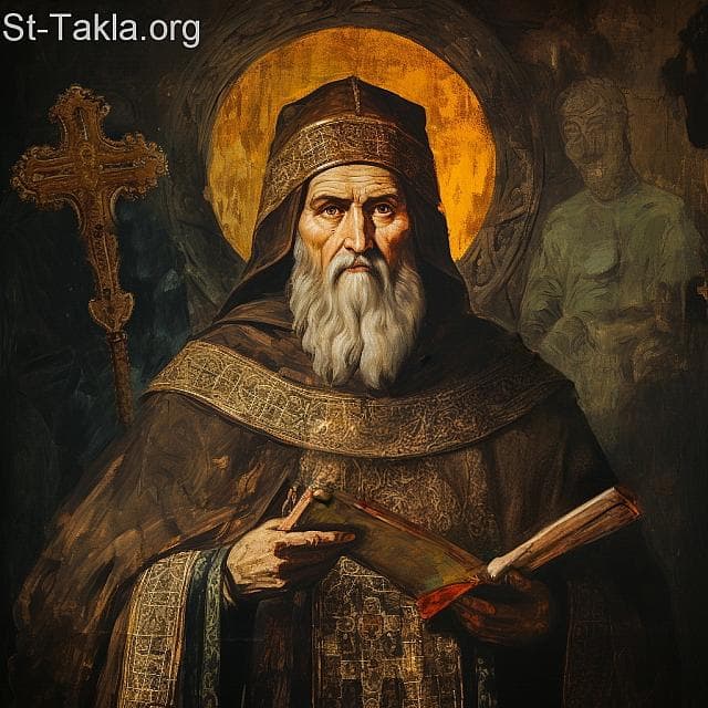 St-Takla.org Image: His Holiness Pope Timothy II, Coptic Orthodox Pope #26, and behind him is the silhouette of Emperor Leo I, who exiled him to the island of Gangra in Paphlagonia - AI art, idea and edit by Michael Ghaly for St-Takla.org, October 2023. صورة في موقع الأنبا تكلا: قداسة البابا تيموثاوس الثاني البطريرك السادس والعشرون من بطاركة الكرازة المرقسية: 26، وبخلفه خيال الإمبراطور ليو الأول الذي نفاه إلى جزيرة جانجرا في بافلاجونيا. - فن بالذكاء الاصطناعي، فكرة وتعديل مايكل غالي لموقع الأنبا تكلاهيمانوت، أكتوبر 2023 م.