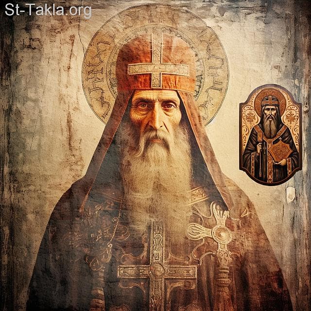 St-Takla.org Image: His Holiness Pope Peter III, Coptic Orthodox Pope #27, and next to him is a picture of Saint Acacius, Patriarch of Constantinople, a partner in the orthodox faith. - AI art, idea and edit by Michael Ghaly for St-Takla.org, October 2023. صورة في موقع الأنبا تكلا: قداسة البابا بطرس الثالث البطريرك السابع والعشرون من بطاركة الكرازة المرقسية: 27، وبجانبه صورة القديس أكاكيوس بطريرك القسطنطينية الشريك في الإيمان القويم. - فن بالذكاء الاصطناعي، فكرة وتعديل مايكل غالي لموقع الأنبا تكلاهيمانوت، أكتوبر 2023 م.