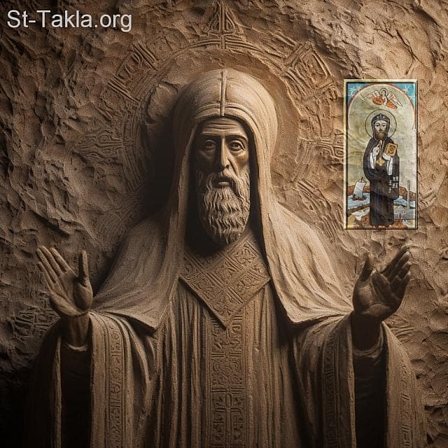 St-Takla.org Image: His Holiness Pope Timothy III, Coptic Orthodox Pope #32, and next to him is the icon of Saint Bishop Severus, Patriarch of Antioch, who came to Egypt to escape persecution. - AI art, idea and edit by Michael Ghaly for St-Takla.org, October 2023. صورة في موقع الأنبا تكلا: قداسة البابا تيموثاوس الثالث البطريرك الثاني والثلاثون من بطاركة الكرازة المرقسية: 32، وبجانبه أيقونة القديس الأنبا ساويرس بطريرك أنطاكية الذي أتى إلى مصر هربًا من الاضطهاد. - فن بالذكاء الاصطناعي، فكرة وتعديل مايكل غالي لموقع الأنبا تكلاهيمانوت، أكتوبر 2023 م.