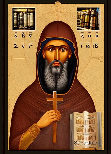 St-Takla.org Image: His Holiness Pope Anastasius, Coptic Orthodox Pope #36, and next to him are the twelve books he wrote, each with the first letter of the Coptic alphabet. - AI art, idea and edit by Michael Ghaly for St-Takla.org, October 2023. صورة في موقع الأنبا تكلا: قداسة البابا أنسطاسيوس البطريرك السادس والثلاثون من بطاركة الكرازة المرقسية: 36، وبجانبه الكتب الاثني عشر الذين كتبهم، كل بأول حرف في الأبجدية القبطية. - فن بالذكاء الاصطناعي، فكرة وتعديل مايكل غالي لموقع الأنبا تكلاهيمانوت، أكتوبر 2023 م.