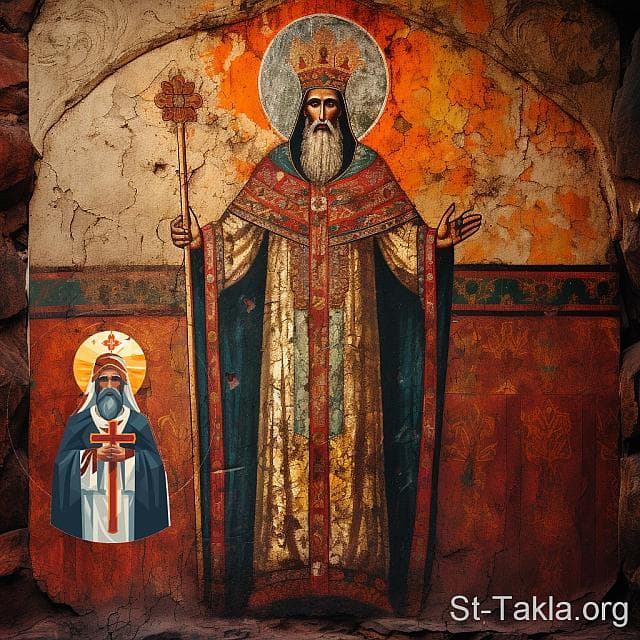 St-Takla.org Image: His Holiness Pope Aghathon, Coptic Orthodox Pope #39, and next to him was Pope John III (the next one) after he saw a future vision about him. - AI art, idea and edit by Michael Ghaly for St-Takla.org, October 2023. صورة في موقع الأنبا تكلا: قداسة البابا أغاثون البطريرك التاسع والثلاثون من بطاركة الكرازة المرقسية: 39، وبجانبه البابا يوحنا الثالث (الذي يليه) بعدما رأى رؤيا مستقبلية عنه. - فن بالذكاء الاصطناعي، فكرة وتعديل مايكل غالي لموقع الأنبا تكلاهيمانوت، أكتوبر 2023 م.