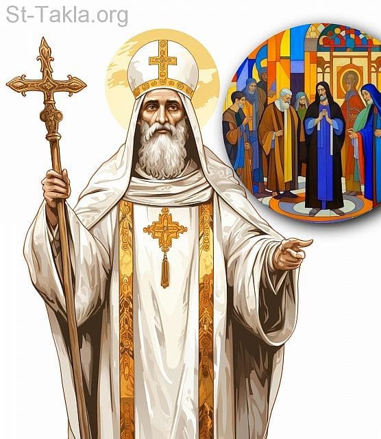 St-Takla.org Image: His Holiness Pope John IV, Coptic Orthodox Pope #48, and next to him a scenes of casting lots three times to choose the patriarch, and it fell upon him. - AI art, idea and edit by Michael Ghaly for St-Takla.org, October 2023. صورة في موقع الأنبا تكلا: قداسة البابا يؤانس الرابع البطريرك الثامن والأربعون من بطاركة الكرازة المرقسية: 48، ويظهر بجانبه مشهد إلقاء القرعة ثلاثة مرات لاخيتار البطريرك فوقعت عليه. - فن بالذكاء الاصطناعي، فكرة وتعديل مايكل غالي لموقع الأنبا تكلاهيمانوت، أكتوبر 2023 م.