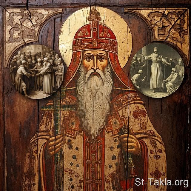 St-Takla.org Image: His Holiness Pope Mark II, Coptic Orthodox Pope #49, and next to him are scenes of his freeing slaves and paying their price. - AI art, idea and edit by Michael Ghaly for St-Takla.org, October 2023. صورة في موقع الأنبا تكلا: قداسة البابا مرقس الثاني البطريرك التاسع والأربعون من بطاركة الكرازة المرقسية: 49، ويظهر بجانبه مشاهد من تحريره للعبيد ودفع ثمنهم. - فن بالذكاء الاصطناعي، فكرة وتعديل مايكل غالي لموقع الأنبا تكلاهيمانوت، أكتوبر 2023 م.