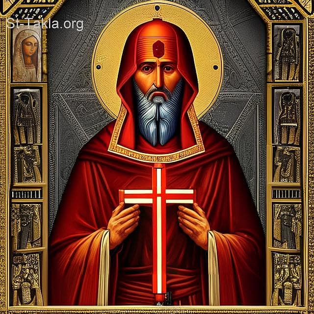 St-Takla.org Image: His Holiness Pope Kosma II, Coptic Orthodox Pope #54, and next to him is an icon of the Virgin Mary, from which blood came out, and other icons that were soaked with tears. - AI art, idea and edit by Michael Ghaly for St-Takla.org, October 2023. صورة في موقع الأنبا تكلا: قداسة البابا قزمان الثاني البطريرك الرابع والخمسون من بطاركة الكرازة المرقسية: 54، وبجانبه أيقونة السيدة العذراء التي خرج منها دمًا، ونماذج من الأيقونات التي كانت مبللة بالدموع. - فن بالذكاء الاصطناعي، فكرة وتعديل مايكل غالي لموقع الأنبا تكلاهيمانوت، أكتوبر 2023 م.