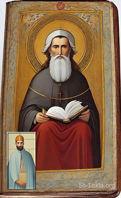 St-Takla.org Image: His Holiness Pope Michael I, Coptic Orthodox Pope #56, and below the picture appears Deacon Ibn al-Munzir, who was thrown into prison with him for a full year after an evil bishop slandered him in the era of Ibn Tulun. - AI art, idea and edit by Michael Ghaly for St-Takla.org, October 2023. صورة في موقع الأنبا تكلا: قداسة البابا ميخائيل الأول البطريرك السادس والخمسون من بطاركة الكرازة المرقسية: 56، ويظهر أسفل الصورة الشماس ابن المنذر الذي طرح معه في السجن سنة كاملة بعد وشاية أسقف شرير في عصر ابن طولون. - فن بالذكاء الاصطناعي، فكرة وتعديل مايكل غالي لموقع الأنبا تكلاهيمانوت، أكتوبر 2023 م.