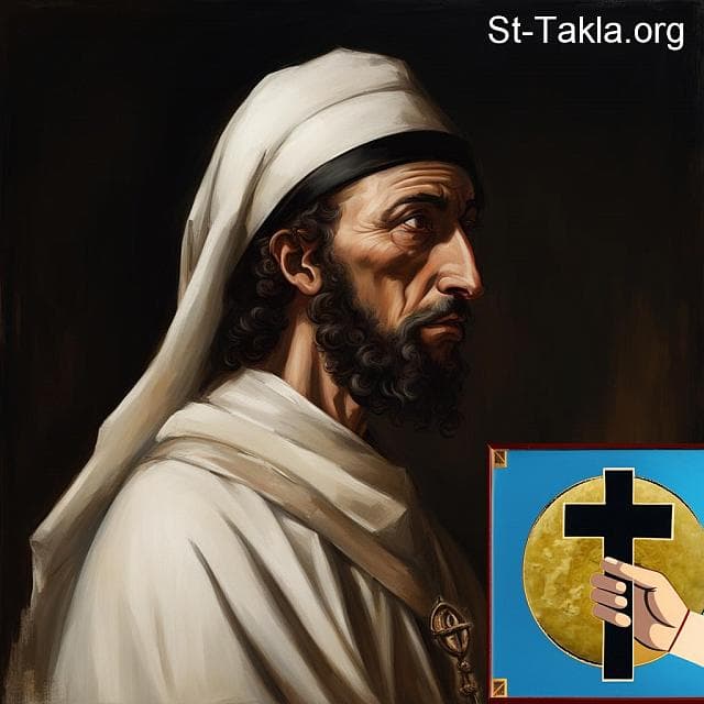 St-Takla.org Image: Pope Philotheos, Coptic Orthodox Pope #63, and next to him is an image of the vision he saw at the Holy Liturgy: a hand crossing over the Holy Bread. - AI art, idea and edit by Michael Ghaly for St-Takla.org, October 2023. صورة في موقع الأنبا تكلا: البابا فيلوثاؤس البطريرك الثالث والستون من بطاركة الكرازة المرقسية: 63، وبجانبه صورة الرؤيا التي رآها في القداس الإلهي: يد ترشم الصليب على القربان. - فن بالذكاء الاصطناعي، فكرة وتعديل مايكل غالي لموقع الأنبا تكلاهيمانوت، أكتوبر 2023 م.
