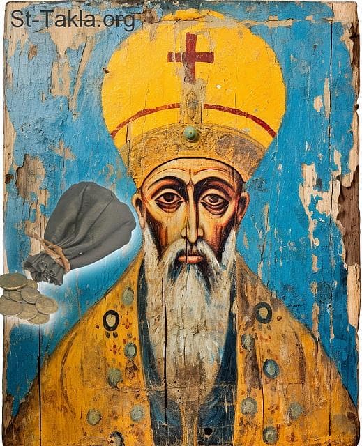 St-Takla.org Image: Pope Shenouda II, Coptic Orthodox Pope #65, with a coins purse in his hands, due to his love of money: Simony. - AI art, idea and edit by Michael Ghaly for St-Takla.org, October 2023. صورة في موقع الأنبا تكلا: البابا شنودة الثاني البطريرك الخامس والستون من بطاركة الكرازة المرقسية: 65، ويظهر بيده صرة من العملات، لمحبته في المال: السيمونية. - فن بالذكاء الاصطناعي، فكرة وتعديل مايكل غالي لموقع الأنبا تكلاهيمانوت، أكتوبر 2023 م.