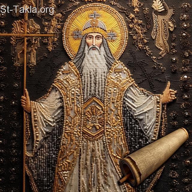 St-Takla.org Image: His Holiness Pope Cyril II, Coptic Orthodox Pope #67, and next to him is a manuscript in which 34 laws for the clergy and bishops were written down during his reign. - AI art, idea and edit by Michael Ghaly for St-Takla.org, October 2023. صورة في موقع الأنبا تكلا: قداسة البابا كيرلس الثاني البطريرك السابع والستون من بطاركة الكرازة المرقسية: 67، وبجانبه مخطوط فيه تم تدوين 34 قانونًا للإكليروس والأساقفة في عهده. - فن بالذكاء الاصطناعي، فكرة وتعديل مايكل غالي لموقع الأنبا تكلاهيمانوت، أكتوبر 2023 م.