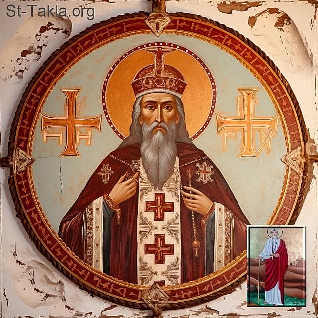 St-Takla.org Image: His Holiness Pope Yoannis V (John), Coptic Orthodox Pope #72, and next to him is the icon of the martyr Bashnouna, who was martyred during his reign. - AI art, idea and edit by Michael Ghaly for St-Takla.org, October 2023. صورة في موقع الأنبا تكلا: قداسة البابا يؤانس الخامس البطريرك الثاني والسبعون من بطاركة الكرازة المرقسية: 72، وبجانبه أيقونة الشهيد بشنونة الذي استشهد في عهده. - فن بالذكاء الاصطناعي، فكرة وتعديل مايكل غالي لموقع الأنبا تكلاهيمانوت، أكتوبر 2023 م.