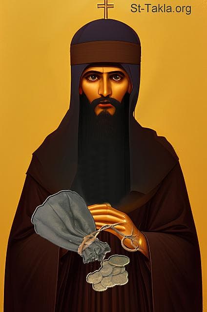 St-Takla.org Image: Pope Cyril III, Coptic Orthodox Pope #75, with a coins purse in his hands, due to his love of money: Simony. - AI art, idea and edit by Michael Ghaly for St-Takla.org, October 2023. صورة في موقع الأنبا تكلا: البابا كيرلس الثالث البطريرك الخامس والسبعون من بطاركة الكرازة المرقسية: 75، ويظهر بيده صرة من العملات، لمحبته في المال: السيمونية. - فن بالذكاء الاصطناعي، فكرة وتعديل مايكل غالي لموقع الأنبا تكلاهيمانوت، أكتوبر 2023 م.