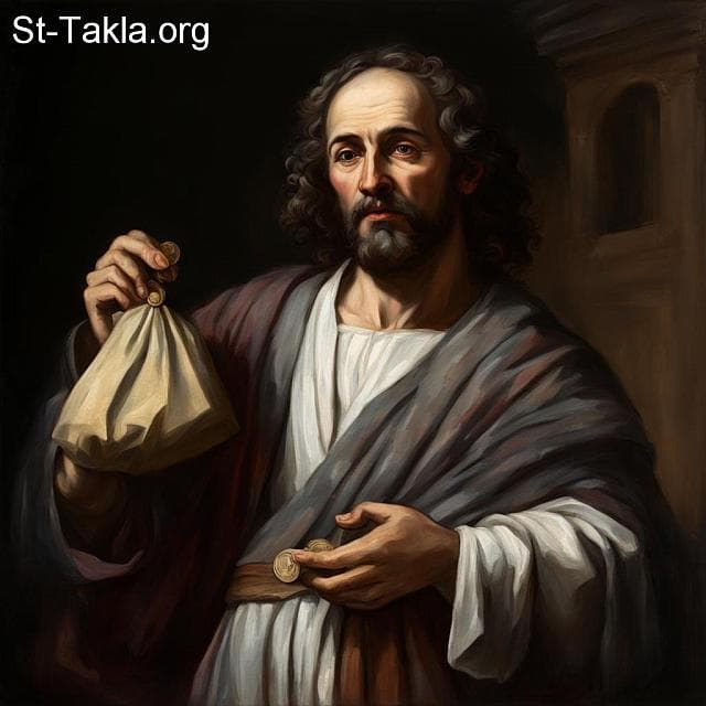 St-Takla.org Image: Pope Theodosius II, Coptic Orthodox Pope #79, with a coins purse in his hands, due to his love of money: Simony. - AI art, idea and edit by Michael Ghaly for St-Takla.org, October 2023. صورة في موقع الأنبا تكلا: البابا ثيؤدوسيوس الثاني البطريرك التاسع والسبعون من بطاركة الكرازة المرقسية: 79، ويظهر بيده صرة من العملات، لمحبته في المال: السيمونية. - فن بالذكاء الاصطناعي، فكرة وتعديل مايكل غالي لموقع الأنبا تكلاهيمانوت، أكتوبر 2023 م.