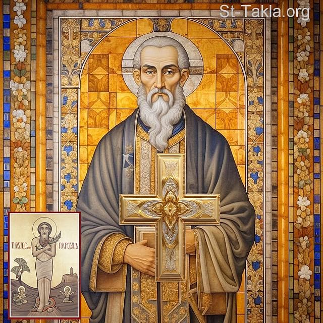 St-Takla.org Image: His Holiness Pope Benjamin II, Coptic Orthodox Pope #82, and next to him the icon of Saint Parsoma the Naked, who predicted that he would sit on the See of Mark. - AI art, idea and edit by Michael Ghaly for St-Takla.org, October 2023. صورة في موقع الأنبا تكلا: قداسة البابا بنيامين الثاني البطريرك الثاني والثمانون من بطاركة الكرازة المرقسية: 82، ويظهر بجانبه أيقونة القديس أنبا برسوم العريان الذي تنبأ بجلوسه على الكرسي المرقسي . - فن بالذكاء الاصطناعي، فكرة وتعديل مايكل غالي لموقع الأنبا تكلاهيمانوت، أكتوبر 2023 م.