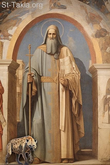 St-Takla.org Image: His Holiness Pope Mettaous I (Matthew), Coptic Orthodox Pope #87, and below is a picture of the hyena whose cub he saved. - AI art, idea and edit by Michael Ghaly for St-Takla.org, October 2023. صورة في موقع الأنبا تكلا: قداسة البابا متاؤس الأول البطريرك السابع والثمانون من بطاركة الكرازة المرقسية: 87، وبأسفل صورة الضبعة التي أنقذ صغيرتها. - فن بالذكاء الاصطناعي، فكرة وتعديل مايكل غالي لموقع الأنبا تكلاهيمانوت، أكتوبر 2023 م.