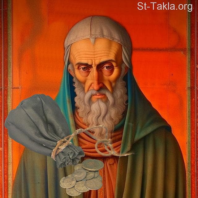 St-Takla.org Image: Pope Mark VI of Alexandria, Coptic Orthodox Pope #101, with a coins purse appearing next to him, due to his love of money. - AI art, idea and edit by Michael Ghaly for St-Takla.org, October 2023. صورة في موقع الأنبا تكلا: البابا مرقس السادس البطريرك الواحد بعد المائة من بطاركة الكرازة المرقسية: 101، ويظهر بجانبه صرة من العملات، لمحبته في المال. - فن بالذكاء الاصطناعي، فكرة وتعديل مايكل غالي لموقع الأنبا تكلاهيمانوت، أكتوبر 2023 م.
