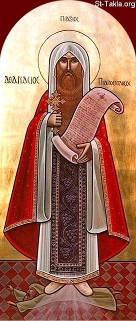 St-Takla.org Image: Icon of Saint Athanasius (Asanasios) the Coptic Pope, Athanasius of Alexandria, modern Coptic art, and showing Arius the heretic and a symbol of the triumph of the Pope over his heresy صورة في موقع الأنبا تكلا: أيقونة قبطية حديثة تصور القديس أثناسيوس الإسكندري - البابا أثاناسيوس الرسولي، ويظهر رمز أريوس الهرطوقي ونصرة القديسة على هرطقته