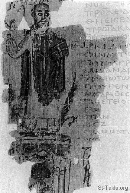 St-Takla.org Image: His Holiness Saint PopeTheophilus and the Serapeum. Gospel book in hand، stands triumphantly atop the Serapeum in 391. The cult image of Serapis، crowned with the modius، is visible within the temple at the bottom. Marginal illustration from a chronicle written in Alexandria in the early fifth century، thus providing a nearly contemporary portrait of Theophilus. صورة في موقع الأنبا تكلا: قداسة البابا المعظم القديس الأنبا ثيؤفيلوس بابا الإسكندرية الثالث والعشرون معه سيراف، والإنجيل المقدس في يده، ويقف ظافرًا بجانب السيرافيم - الصورة ترجع إلى سنة 391 تقريبًا في معبد السيرابيس، ويوجد صور توضيحية جانبية تعود إلى أوائل القرن الخامس الميلادي، مما يوضح أن هذه الصورة هي صورة معاصرة في ذلك الحين تقريبًا للبابا ثيوفيلس السكندري.