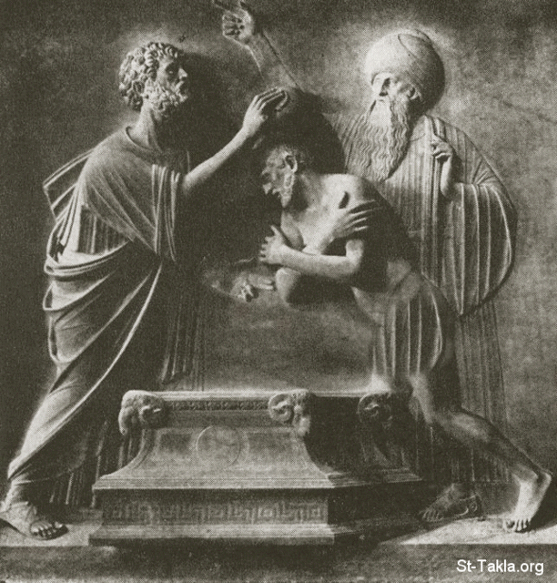St-Takla.org Image: Relief of St. Mark baptizing Anianus. - By Tullio Lombardo, 1481, found in the Basilica dei Santi Giovanni e Paolo, Venice صورة: نحت نافر يصور القديس مرقس يعمد أنيانوس، الفنان توليو لومباردو، 1481، في بازيليكا دي سانتي جيوفاني إيه باولو، فينيسيا